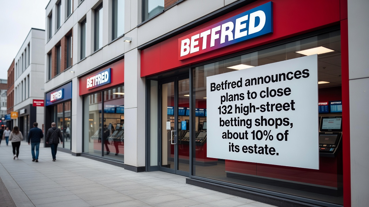 Interior view of a typical UK betting shop with betting terminals and staff area