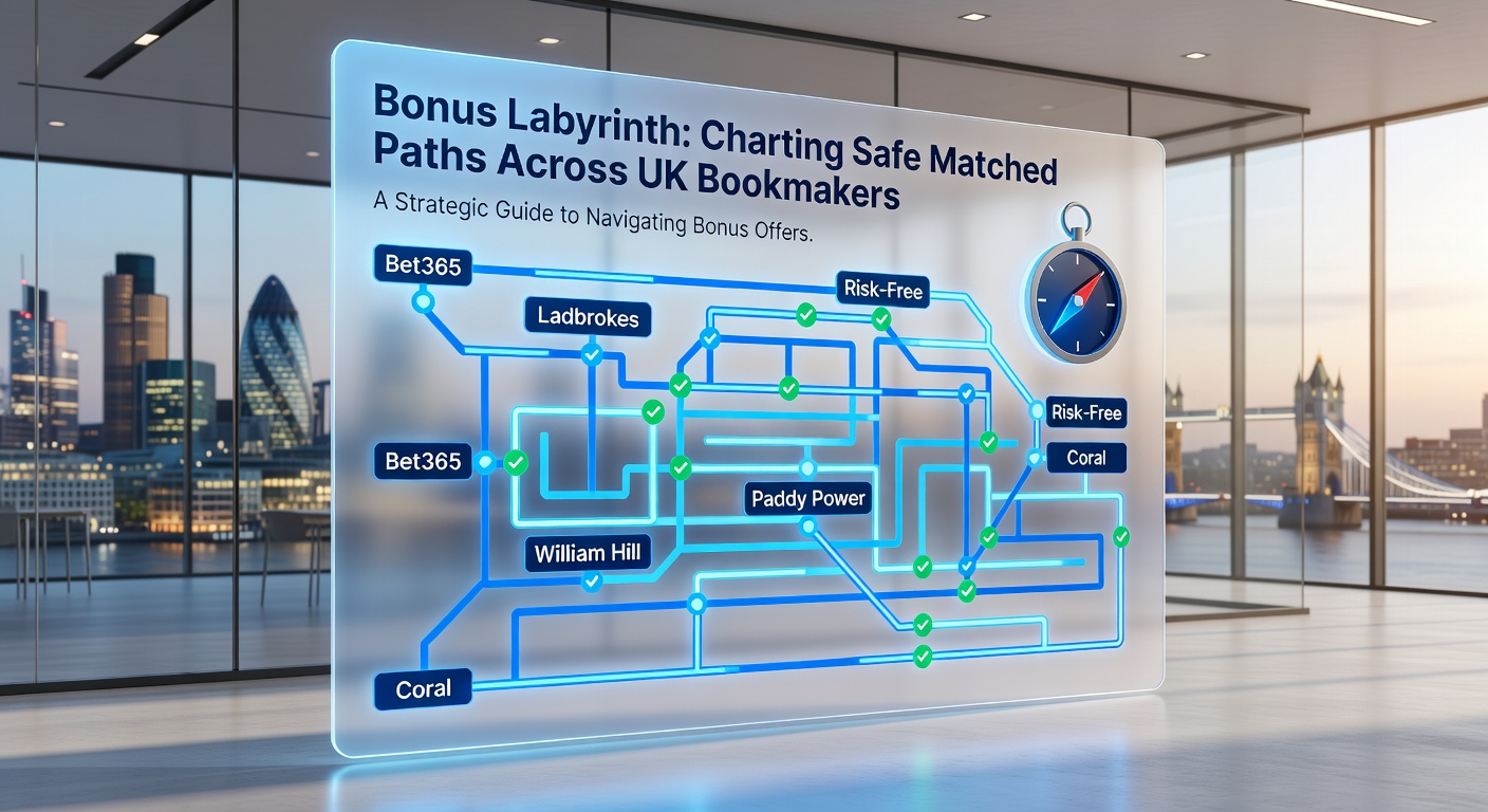 Close-up chart detailing a step-by-step safe path through UK bookmakers, with bonus values, qualifying stakes, and profit projections annotated