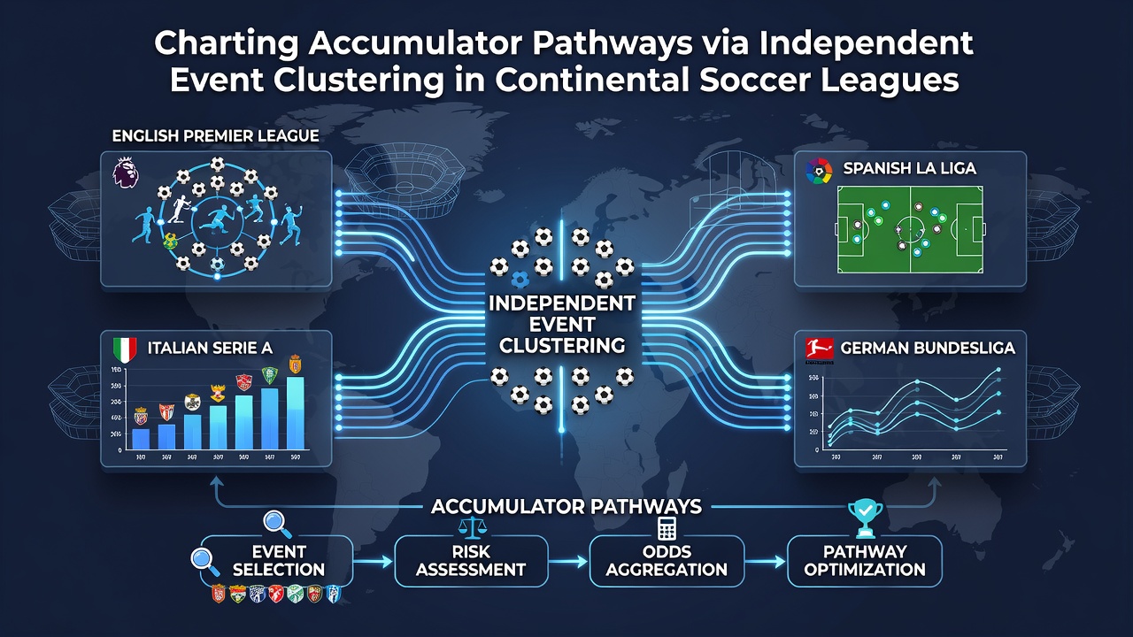 Chart displaying accumulator pathway clusters with independence scores for matches across Bundesliga, Serie A and La Liga fixtures