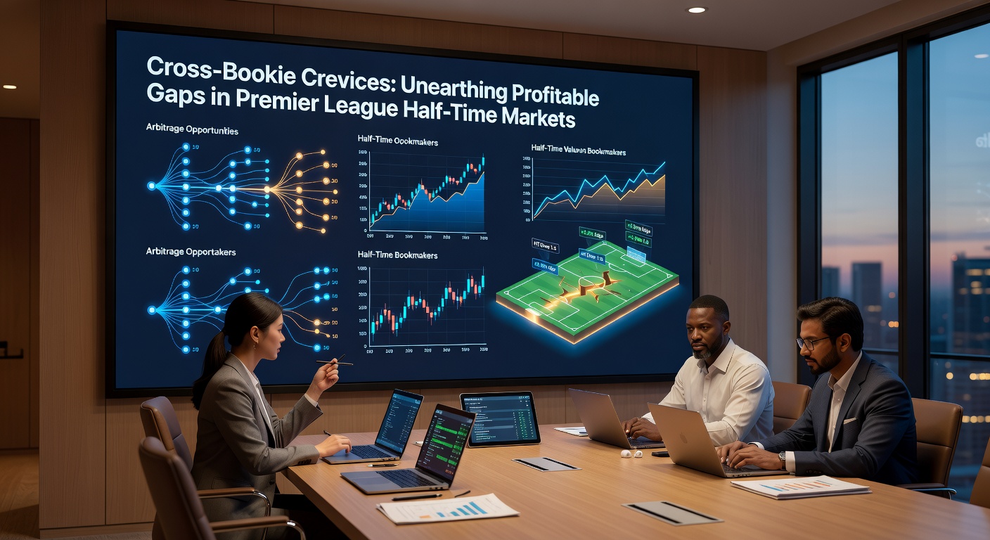 Screenshot of a betting dashboard displaying live half-time odds comparison for a Premier League match, with highlighted green arrows pointing to arbitrage opportunities between bookmakers