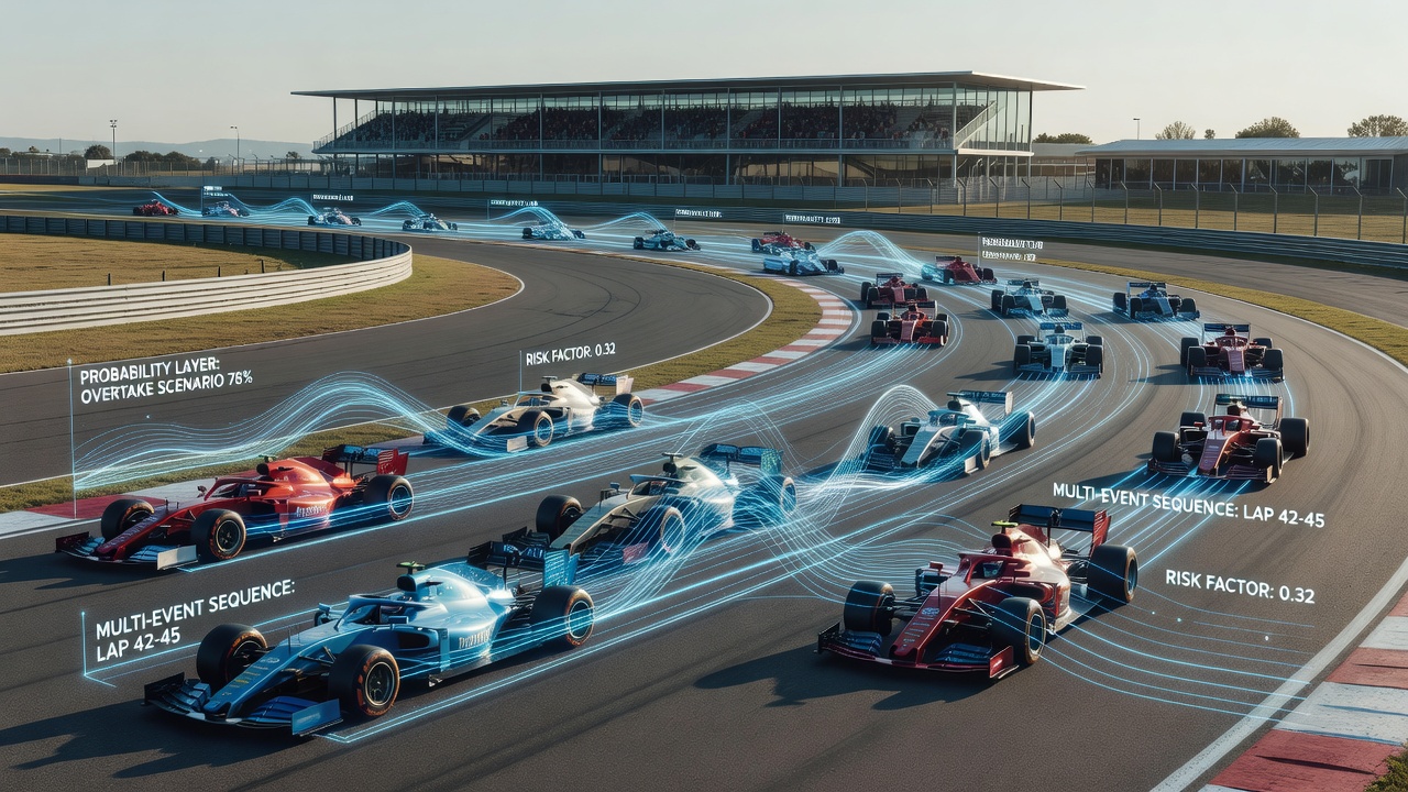 Visualization of interwoven probability layers across multiple racing events on a single circuit