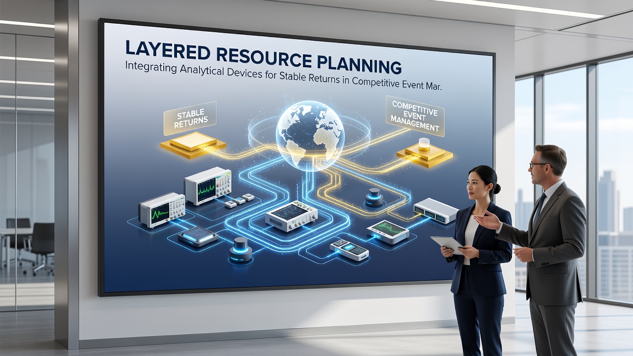 Team reviewing integrated analytical outputs on multiple screens showing resource layers mapped to event market variables
