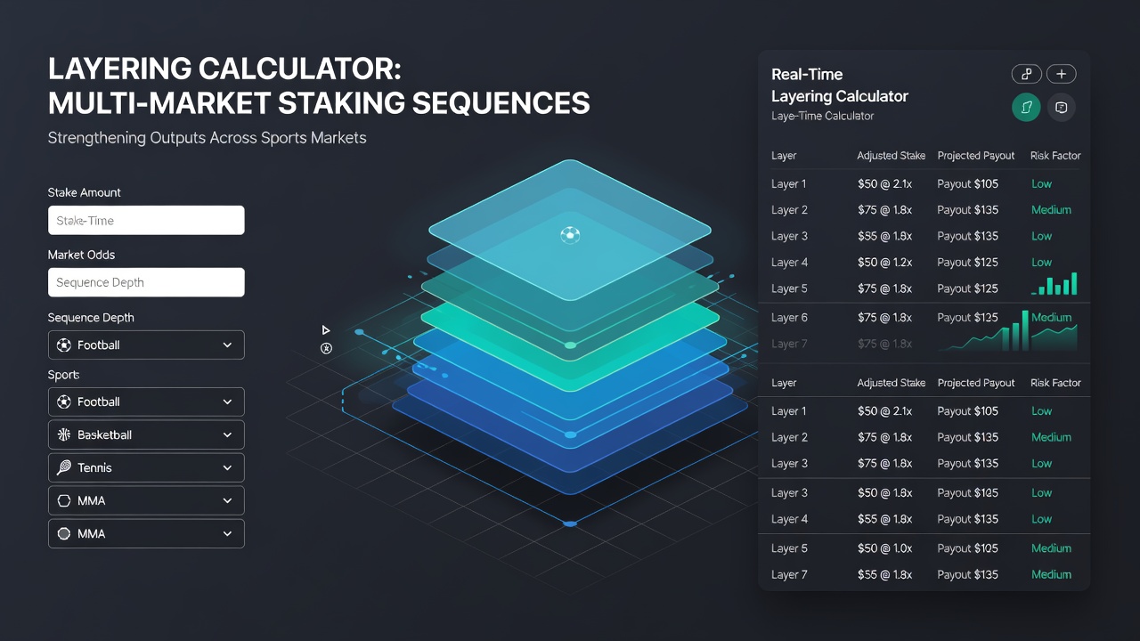 Multi-sport dashboard showing stacked calculator layers and resulting stake sequences