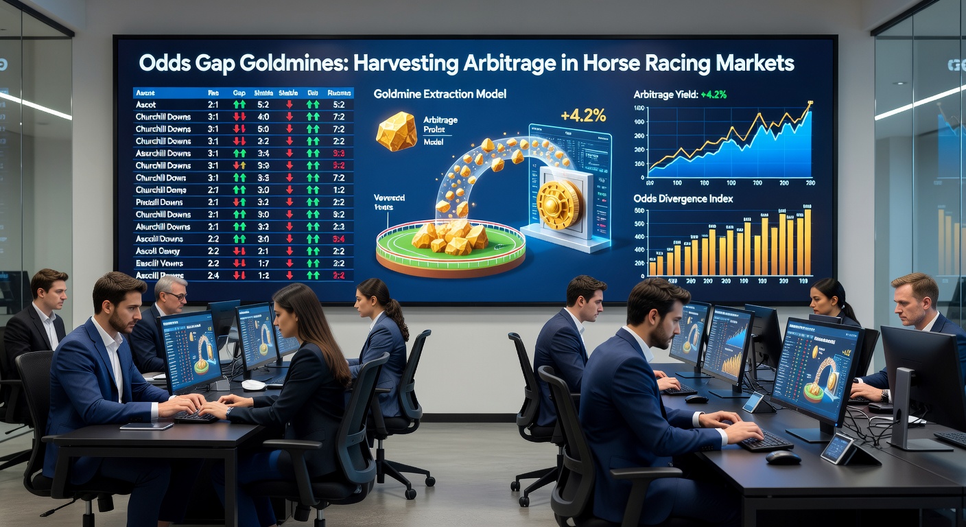 Close-up of a betting interface displaying odds comparison tables for a horse race, with highlighted arbitrage opportunities marked in green amid fluctuating bookmaker lines
