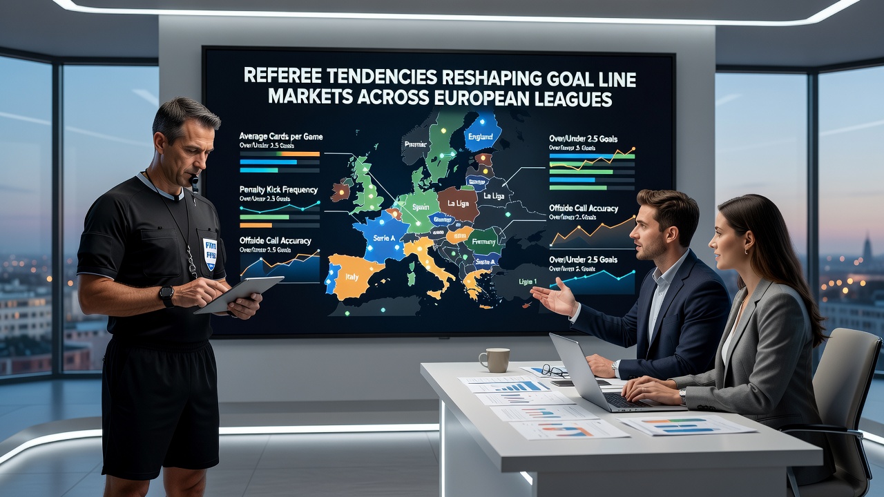 Data visualization showing referee card trends and goal line market adjustments in European football