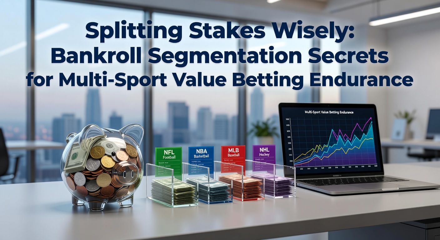 Chart depicting a segmented bankroll pie chart with portions for various sports, overlaid with graphs showing reduced variance and prolonged equity growth over time.