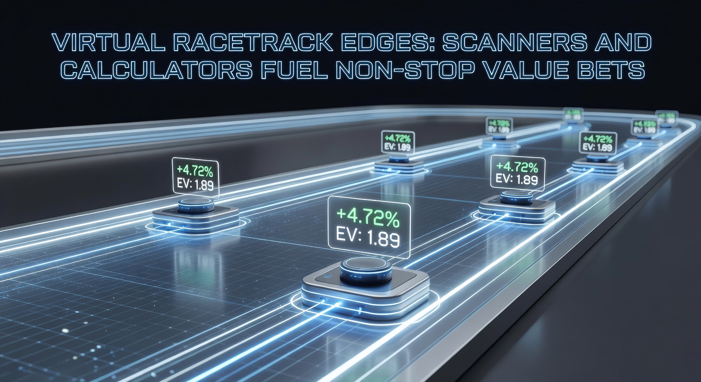 Close-up of a value betting calculator interface displaying EV calculations for virtual greyhound races, with graphs showing projected bankroll growth over 1000 bets